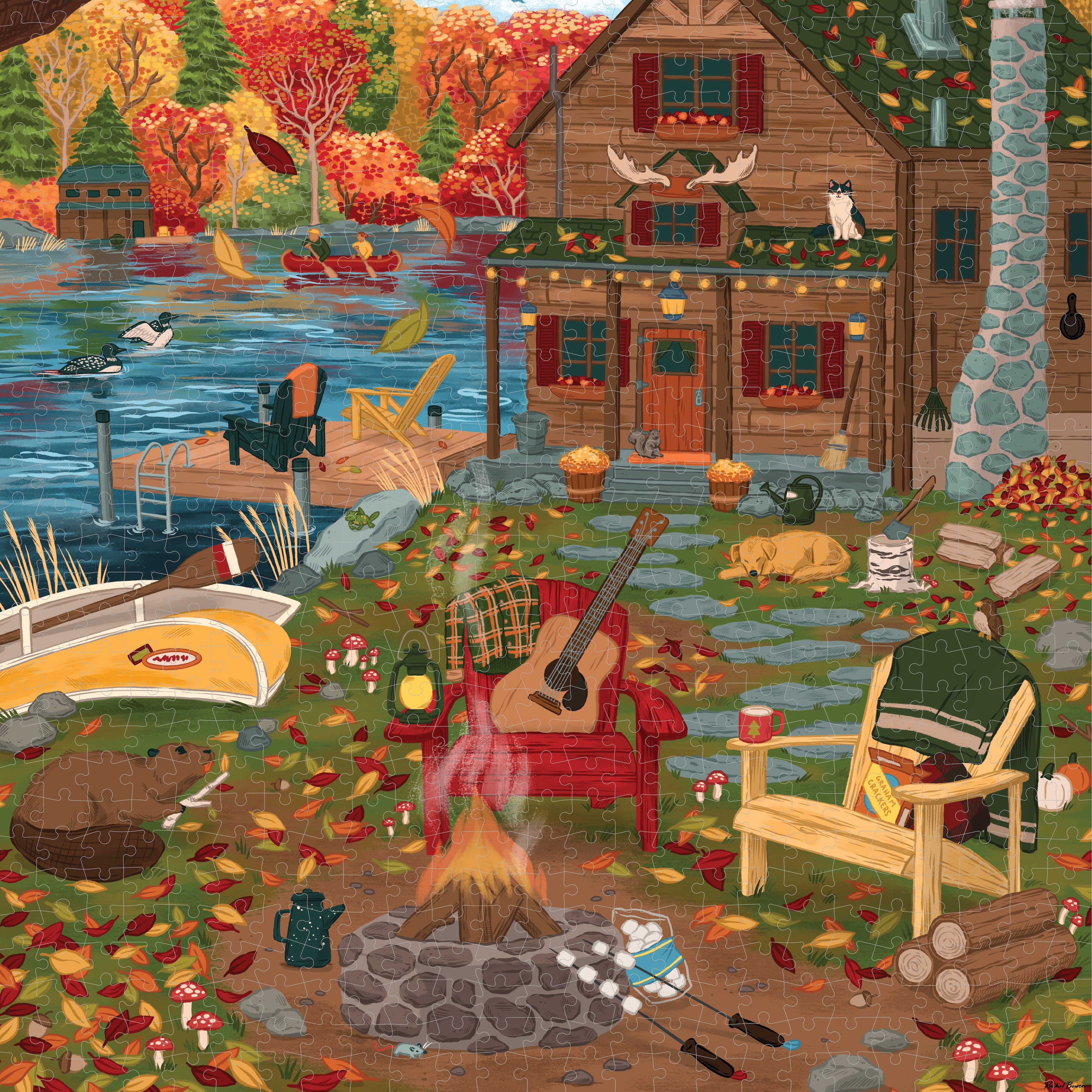 A close up image of the Cottage Retreat puzzle featuring a rustic wooden cabin by a lake, with two chairs in the foreground around a campfire
