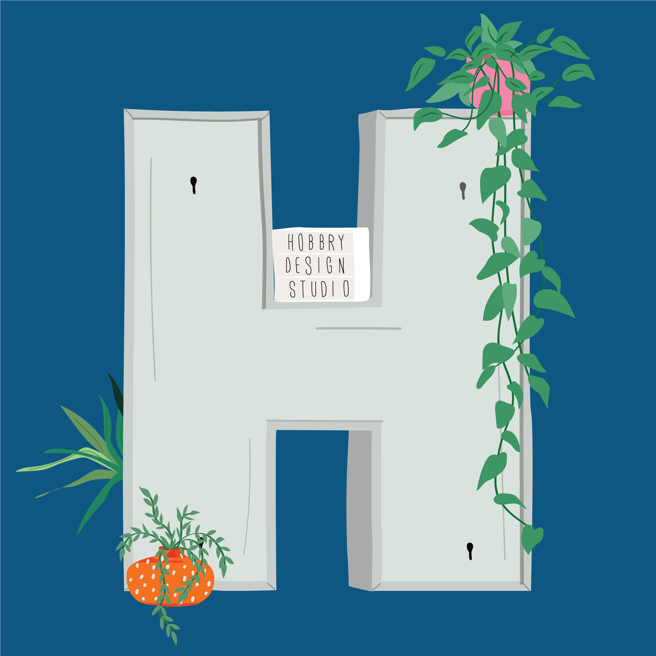 Illustration of a white letter 'H' with green vines and plants on a blue background