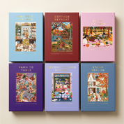 Six illustrated puzzle covers arranged in a 2x3 grid on a light beige background. The titles visible are Harvest Kitchen, Cottage Retreat, Pie in the Park, Farm to Table, Second Chance Stories, and Stoop Season.