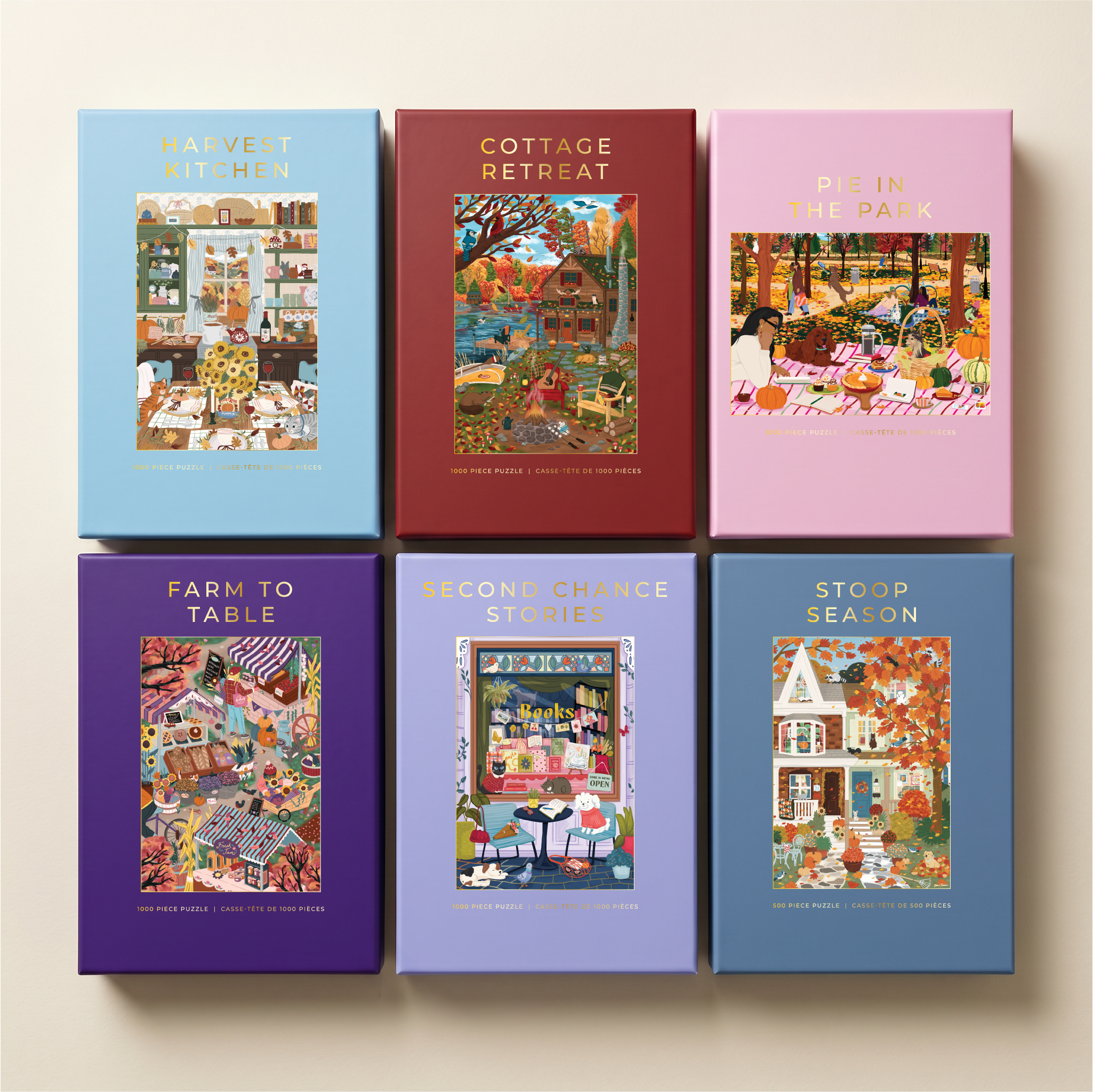 Six illustrated puzzle covers arranged in a 2x3 grid on a light beige background. The titles visible are Harvest Kitchen, Cottage Retreat, Pie in the Park, Farm to Table, Second Chance Stories, and Stoop Season.
