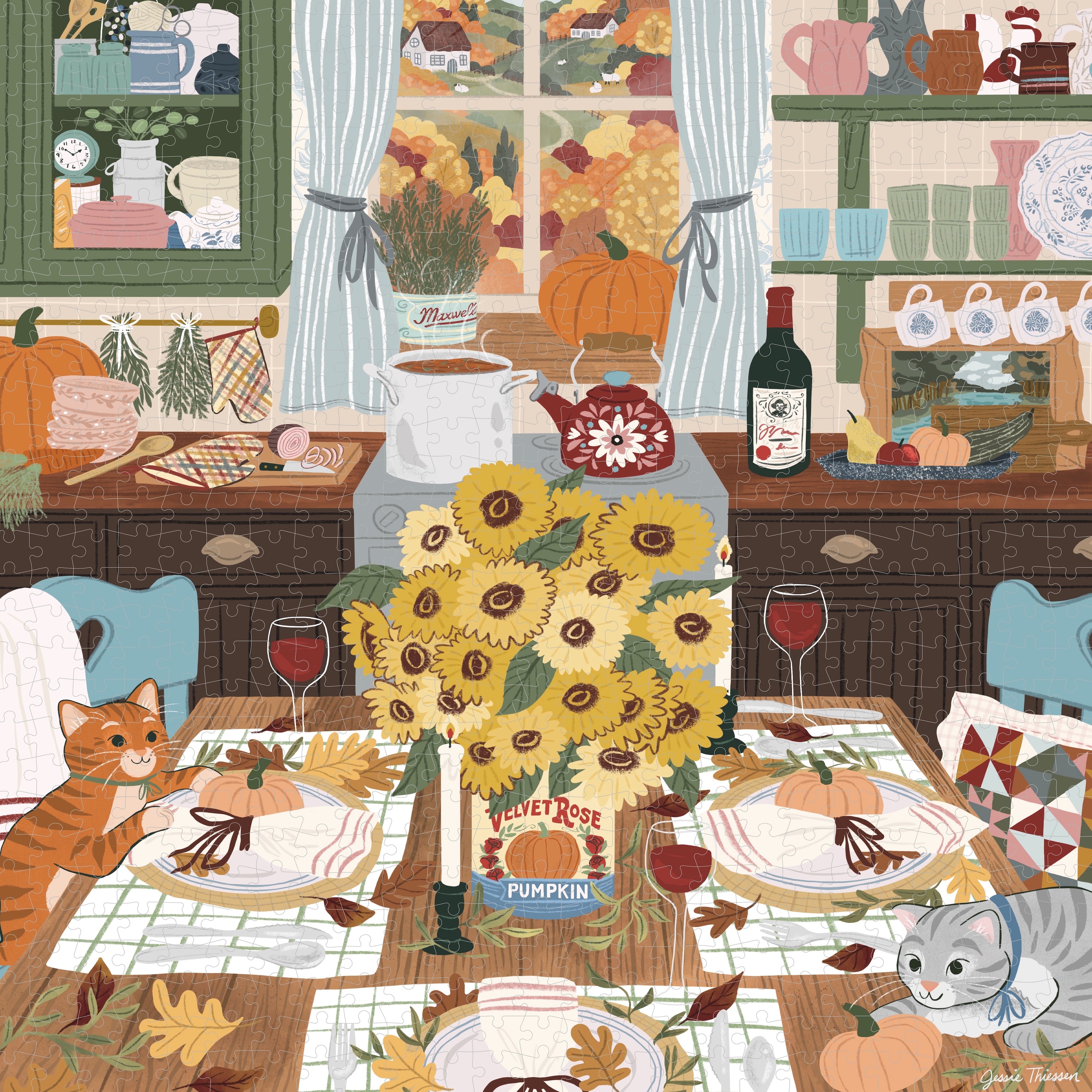 A cozy autumn-themed illustrated dining room scene with a table set for two, a large bouquet of yellow sunflowers in the center, pumpkins, fall leaves, wine glasses, shelves of dishes, and two cats sitting at the table. 