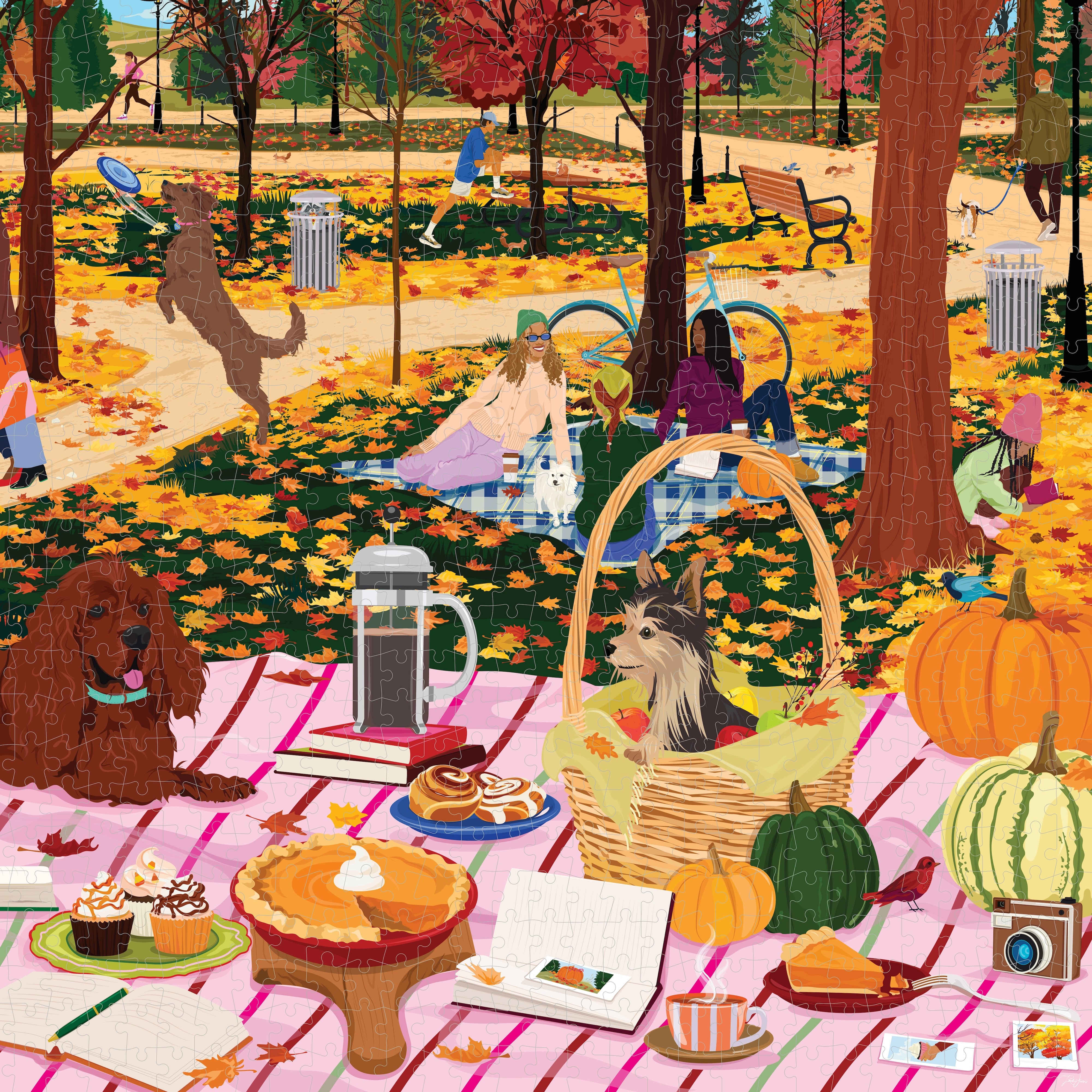 A colorful illustrated autumn park picnic scene with a dog on a pink striped blanket, pumpkins, pie, cupcakes, a basket, and people relaxing in the background among trees and fallen leaves.