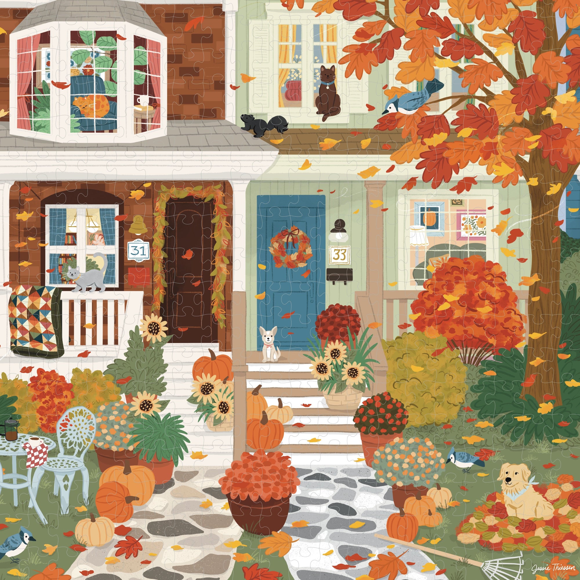 A colorful illustrated autumn scene featuring a cozy house front porch with pumpkins, sunflowers, falling leaves, birds, and a small dog in the yard. The artwork is rich in fall tones including orange, yellow, red, green, blue, and brown.