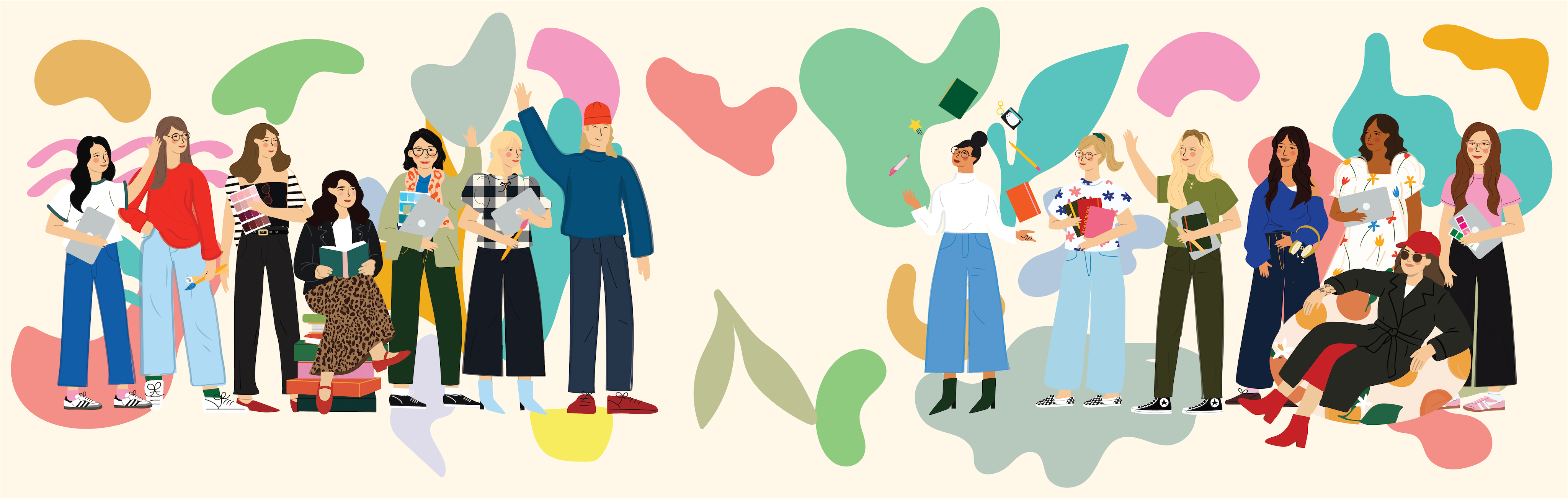 A colorful vector illustration of two groups of diverse people celebrating and holding up drinks, set against a background of abstract organic shapes in pink, green, and orange on a cream backdrop.