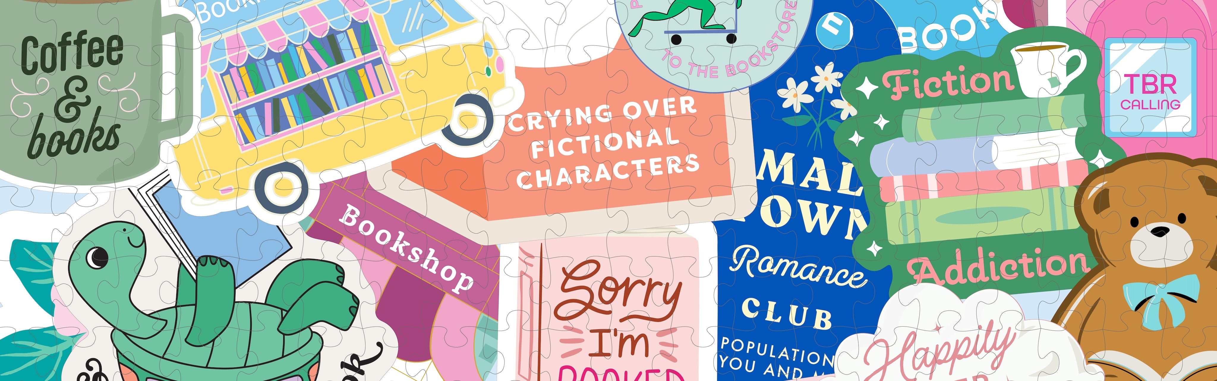 A colorful collage of illustrated book-themed stickers with phrases like 'Coffee & books,' 'Crying over fictional characters,' 'Bookshop,' 'Sorry I'm Dropped,' 'Malown Romance Club,' 'Happily,' and a teddy bear on a white background.