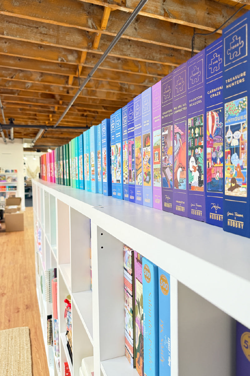 Row of colorful books on a white shelf in The Hobbry Studio.