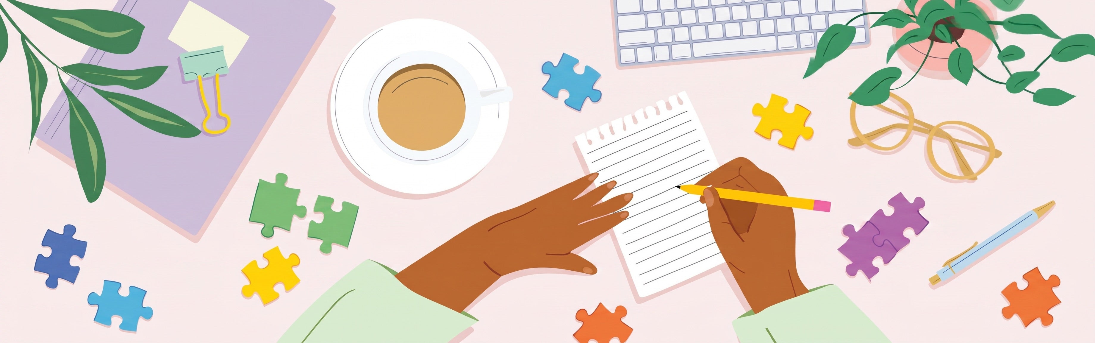 A flat-lay illustration of a person's hands writing in a lined notepad with a yellow pencil, surrounded by desk items including a coffee cup, keyboard, glasses, plant, and colorful puzzle pieces on a light pink background.
